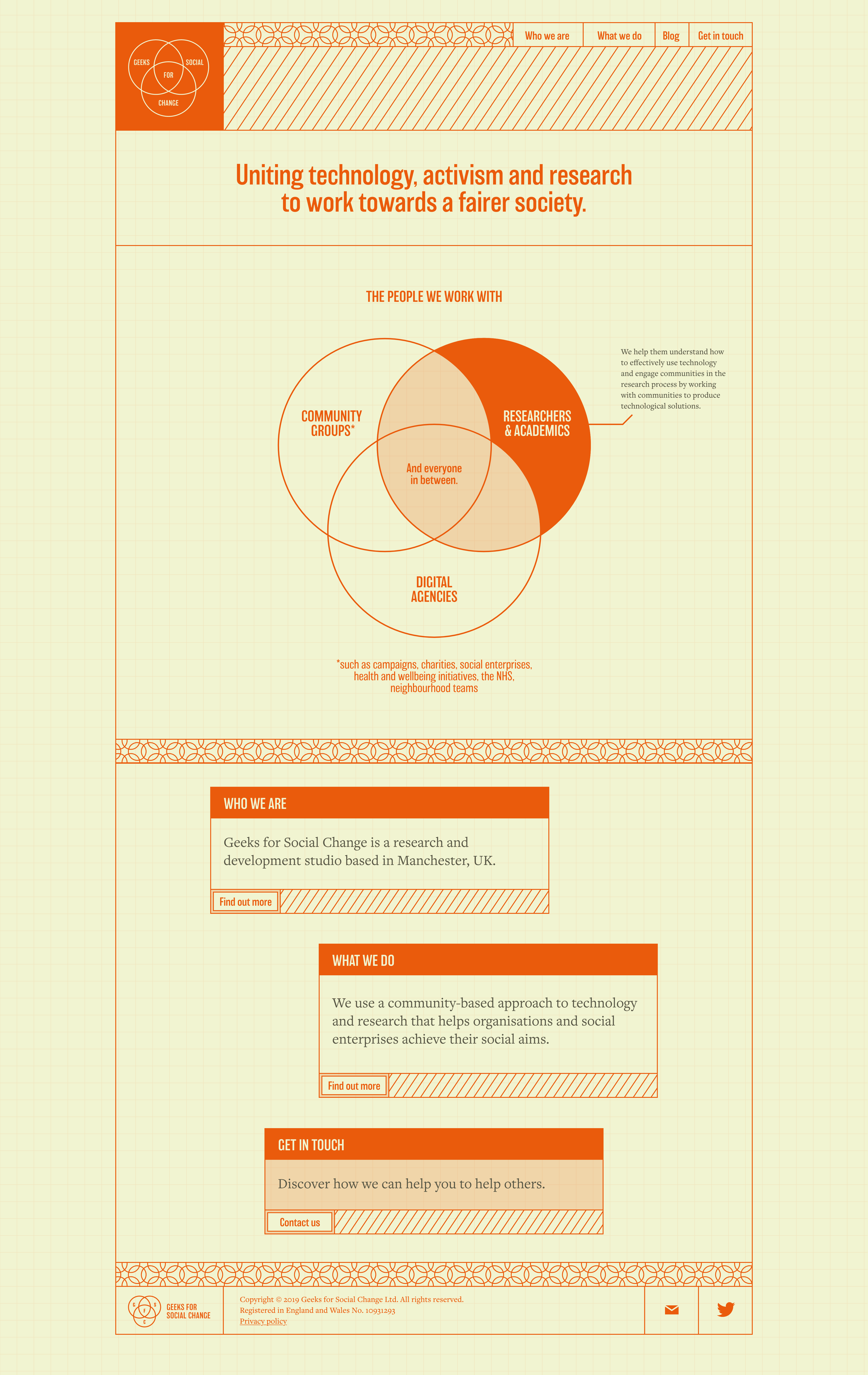 Geeks for Social Change website, homepage shown here. The style is slightly retro like a 70s architectural style with lots of boxes and patterns. The colours are soft green backdrop and everything else is in a rich orange with small text in dark brown. A venn diagram explains the different type of people the company works with.