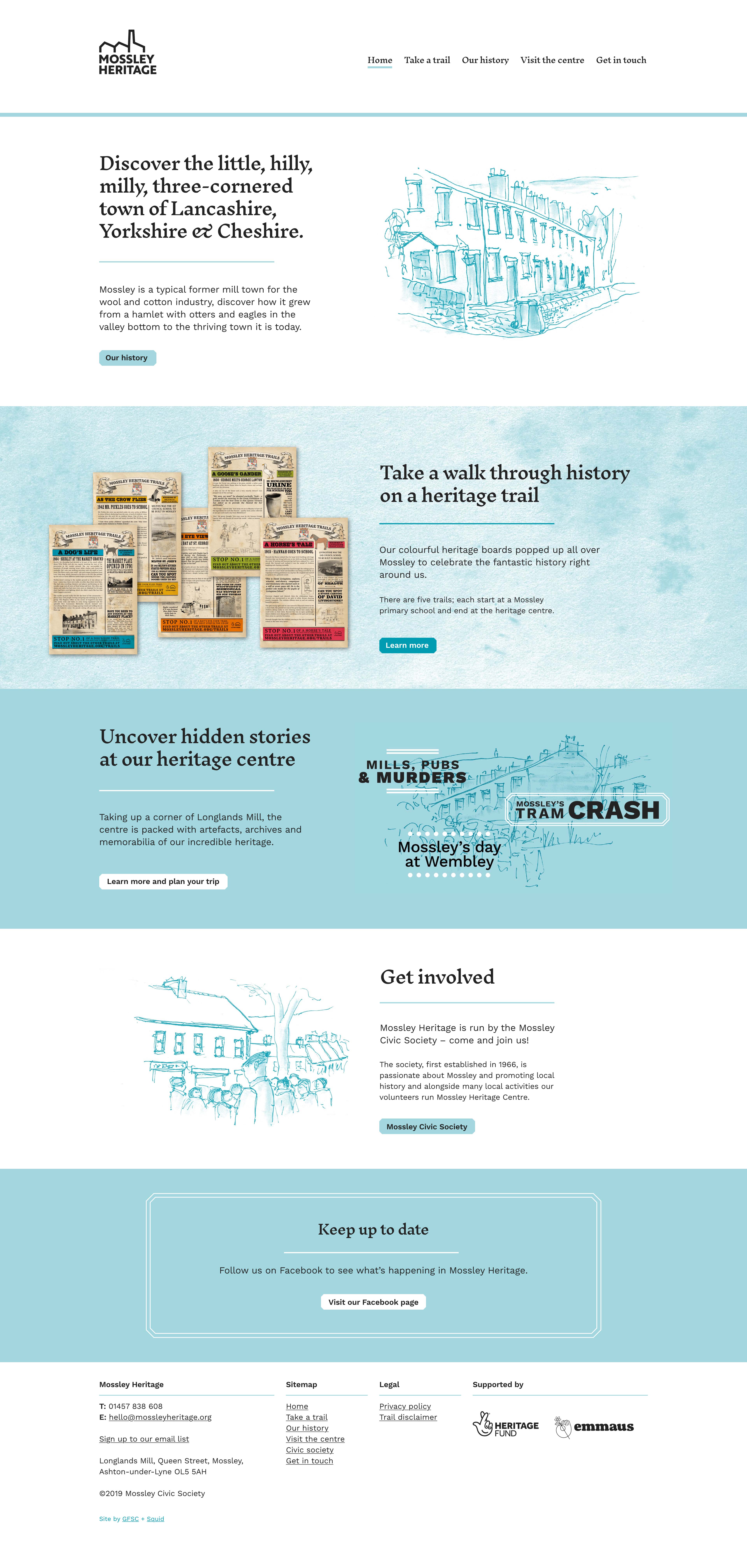 Mossley Heritage website – homepage represented here. Mostly a white design with sections of soft blue colour, strong black type throughout, brought to life by subtle local illustrations.